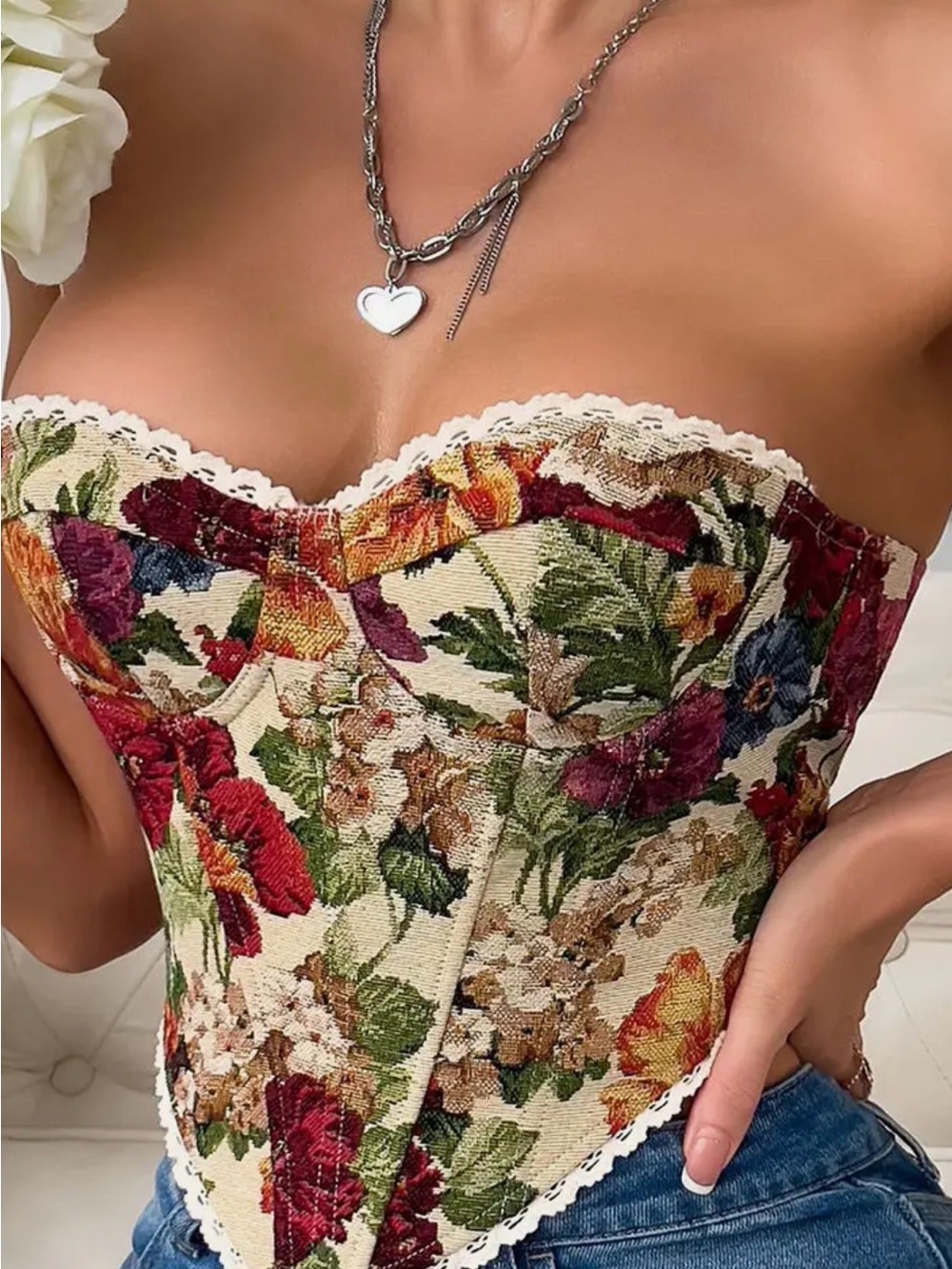 Floral Lace-Trim Strapless Corset Dress Top - Cream Multicolor
